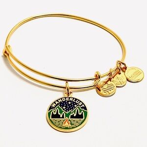 Alex and Ani Shiny Gold “Wanderlust” Bracelet with Green and Blue Charm
